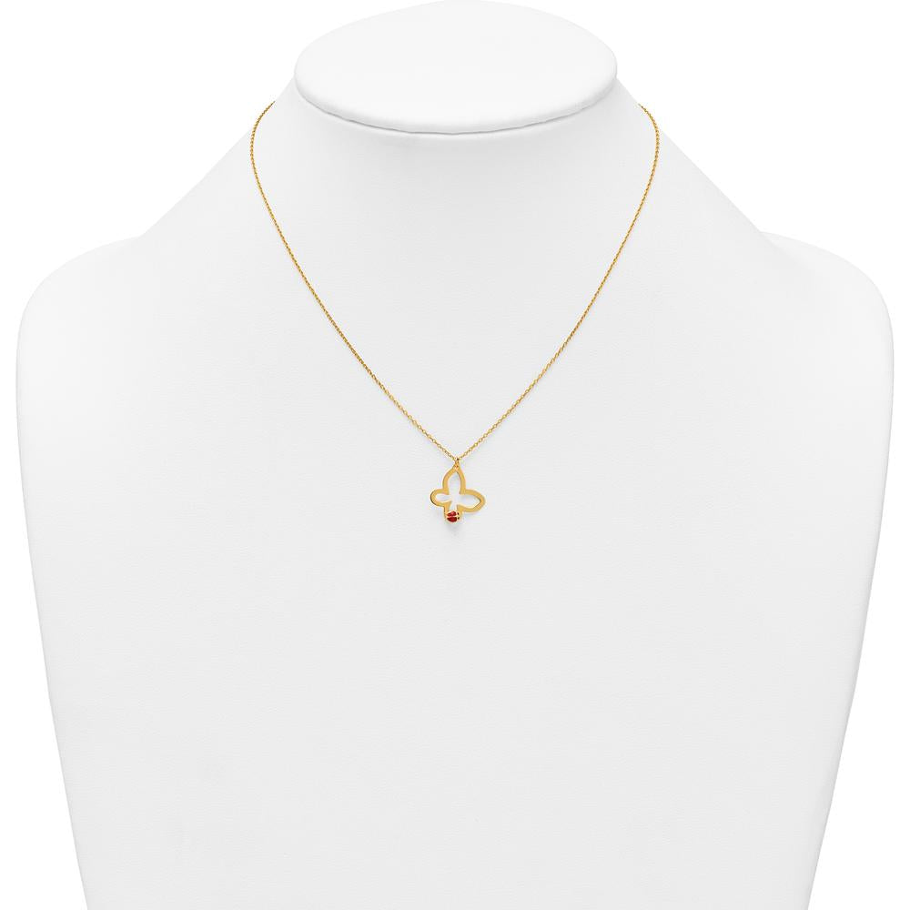 14K Yellow Gold Polished Butterfly Necklace with Red and Black Enamel Ladybug Pendant - 15.5" + 0.75" Extender by Oro Pregiato