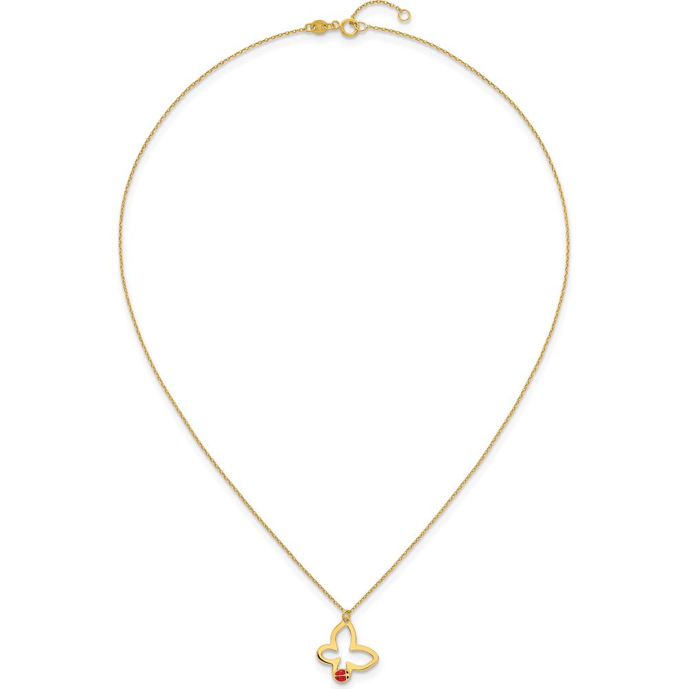 14K Yellow Gold Polished Butterfly Necklace with Red and Black Enamel Ladybug Pendant - 15.5" + 0.75" Extender by Oro Pregiato