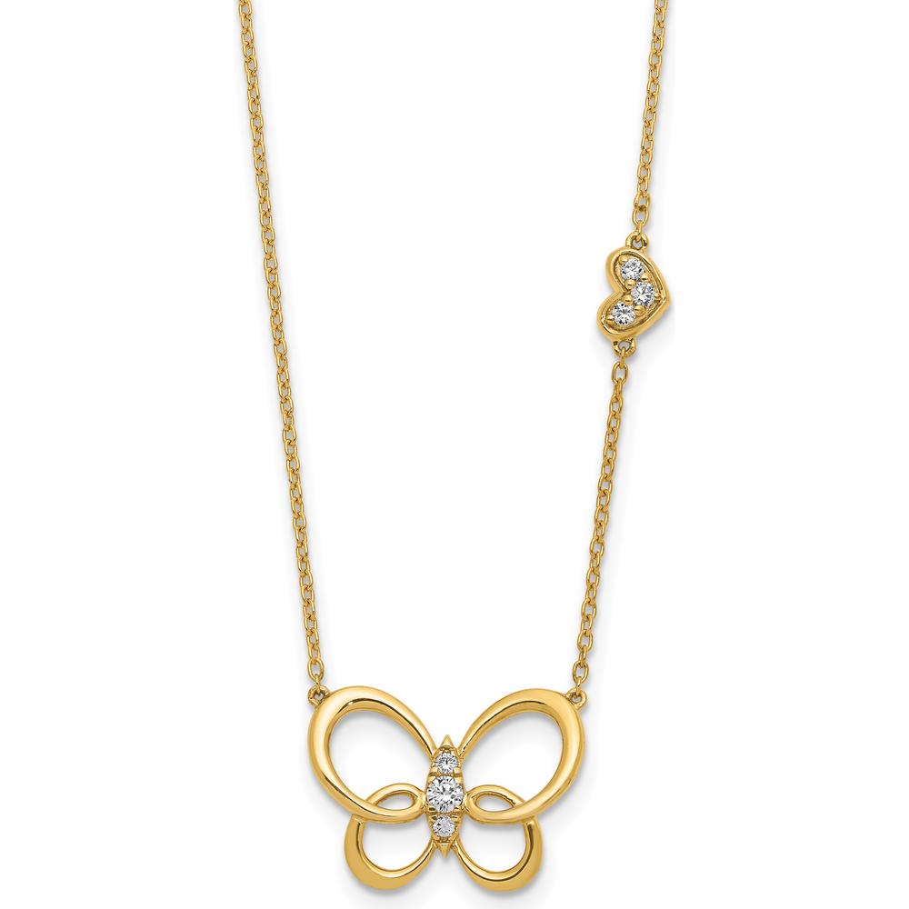14K Yellow Gold Polished Butterfly Pendant Necklace with Round Diamonds - 0.142 Carat Total Diamond Weight by Oro Pregiato