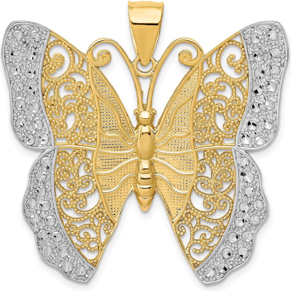 14K Yellow Gold Polished Butterfly Pendant with Diamond-Cut Filigree Texture by Oro Pregiato