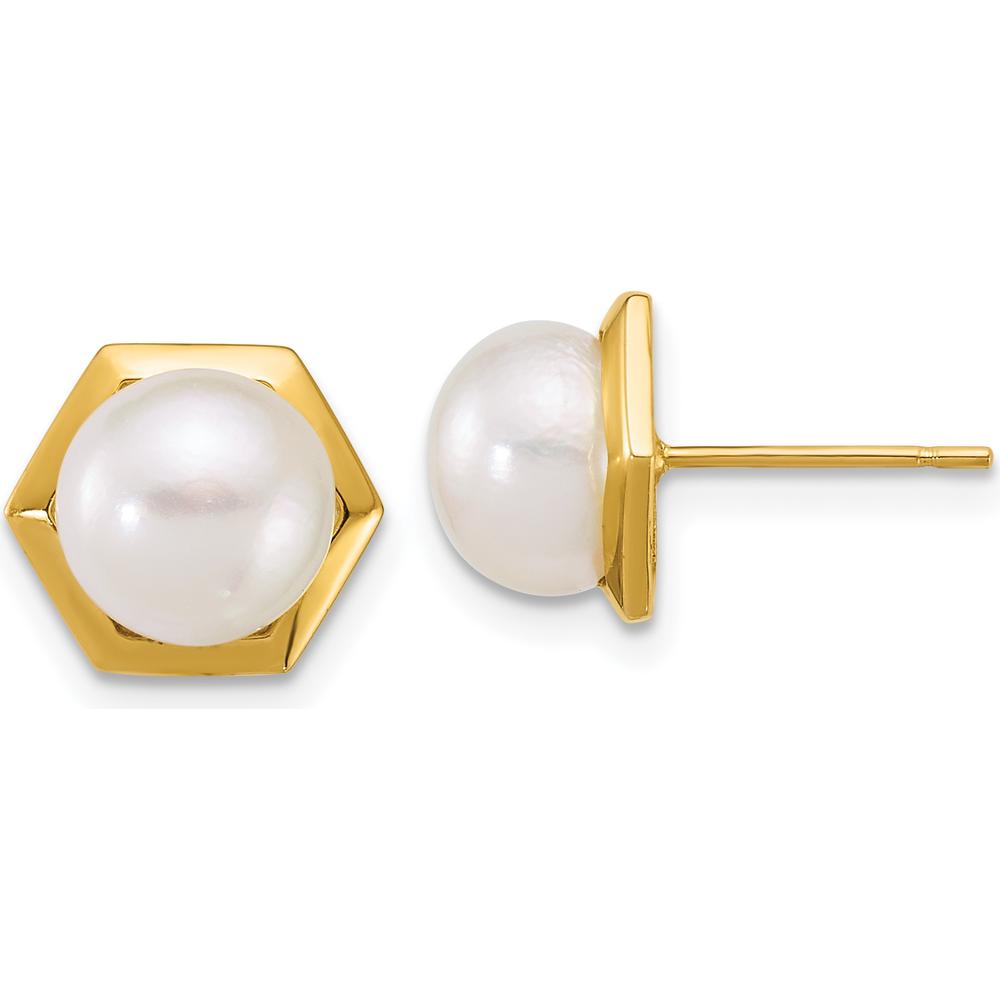 14K Yellow Gold Polished Button Earrings with 7-8mm White Freshwater Cultured Pearls by Monteluci Fine Jewelry