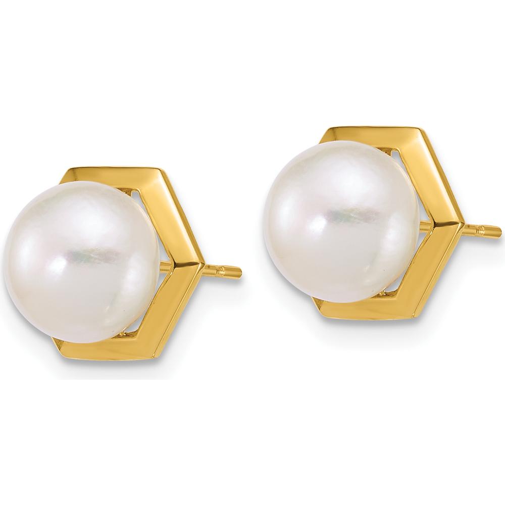 14K Yellow Gold Polished Button Earrings with 7-8mm White Freshwater Cultured Pearls by Monteluci Fine Jewelry