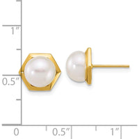 14K Yellow Gold Polished Button Earrings with 7-8mm White Freshwater Cultured Pearls by Monteluci Fine Jewelry