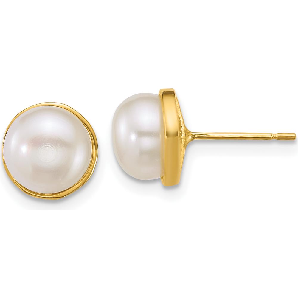 14K Yellow Gold Polished Button Freshwater Cultured Pearl Post Earrings - 7-8mm Pearls by Monteluci Fine Jewelry