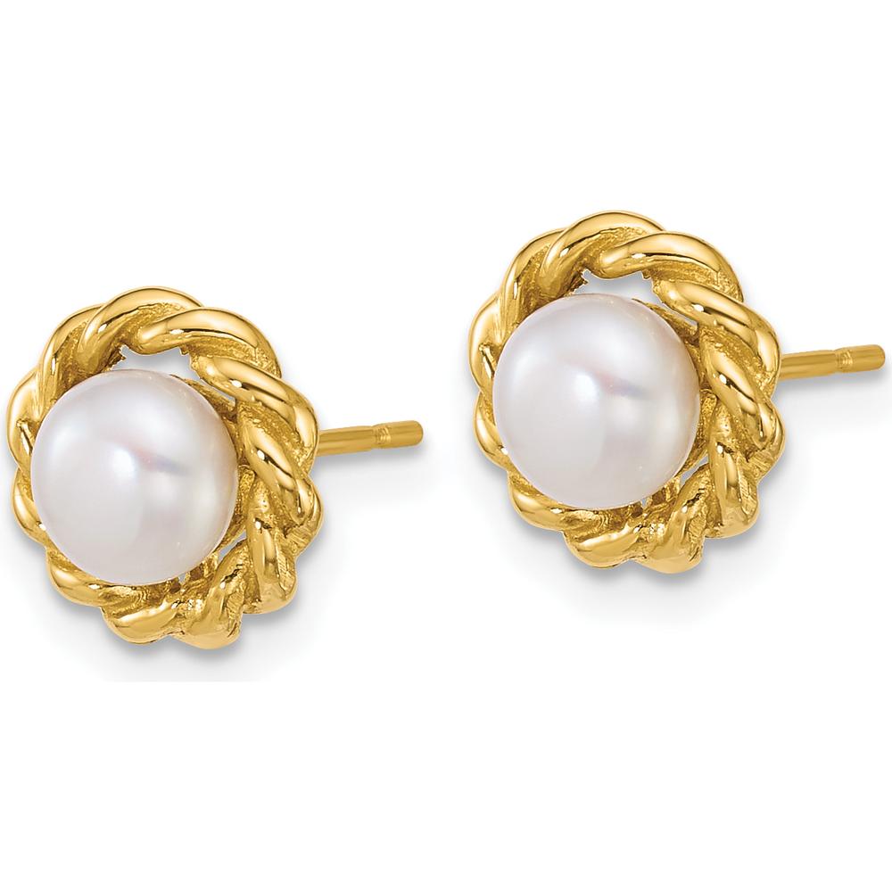 14K Yellow Gold Polished Button Freshwater Pearl Twisted Edge Post Earrings - 5-6mm by Monteluci Fine Jewelry