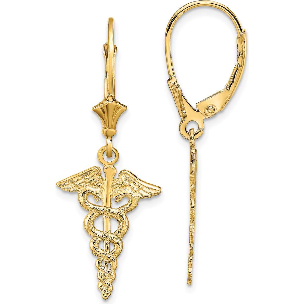 14K Yellow Gold Polished Caduceus Leverback Drop Earrings by 0