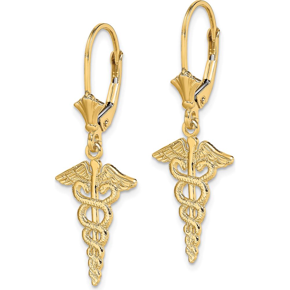 14K Yellow Gold Polished Caduceus Leverback Drop Earrings by 0