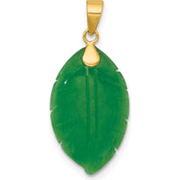 14K Yellow Gold Polished Carved Jade Leaf Pendant - 20mm x 12.5mm Irregular Green Jade Stone by Oro Pregiato