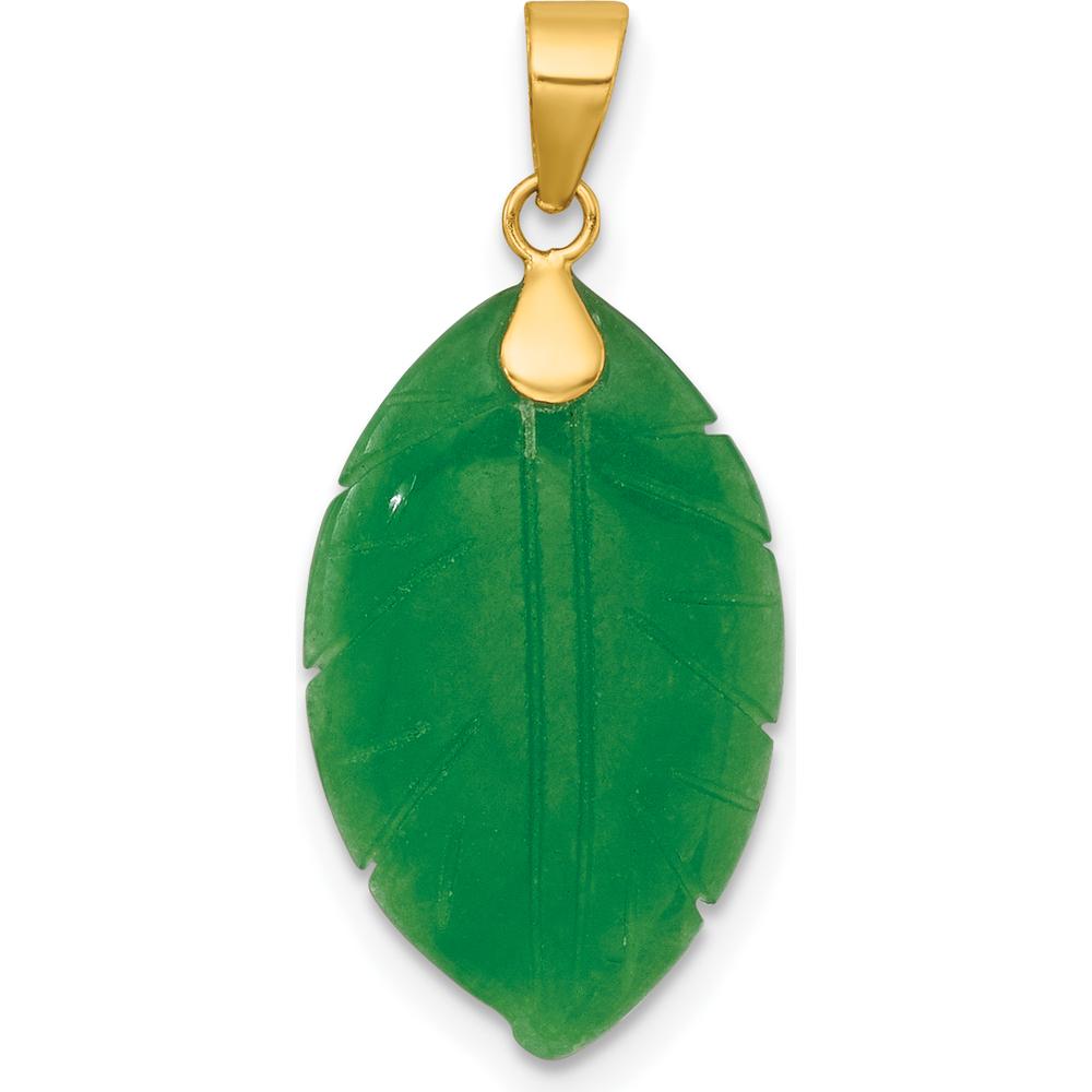 14K Yellow Gold Polished Carved Jade Leaf Pendant - 20mm x 12.5mm Irregular Green Jade Stone by Oro Pregiato