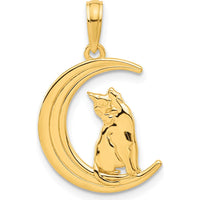14K Yellow Gold Polished Cat Sitting on Crescent Moon Pendant by Oro Pregiato