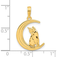 14K Yellow Gold Polished Cat Sitting on Crescent Moon Pendant by Oro Pregiato