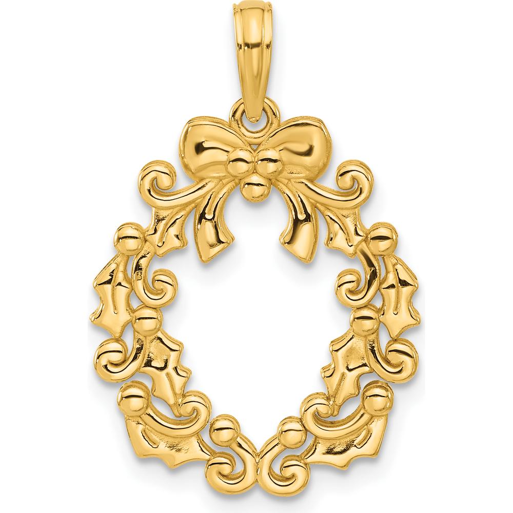 14K Yellow Gold Polished Christmas Wreath Pendant - 22mm Length by Oro Pregiato