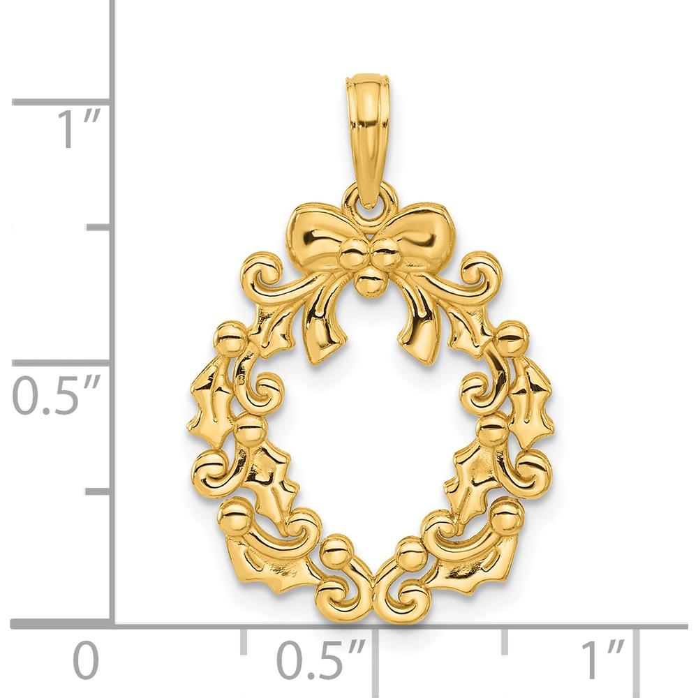 14K Yellow Gold Polished Christmas Wreath Pendant - 22mm Length by Oro Pregiato