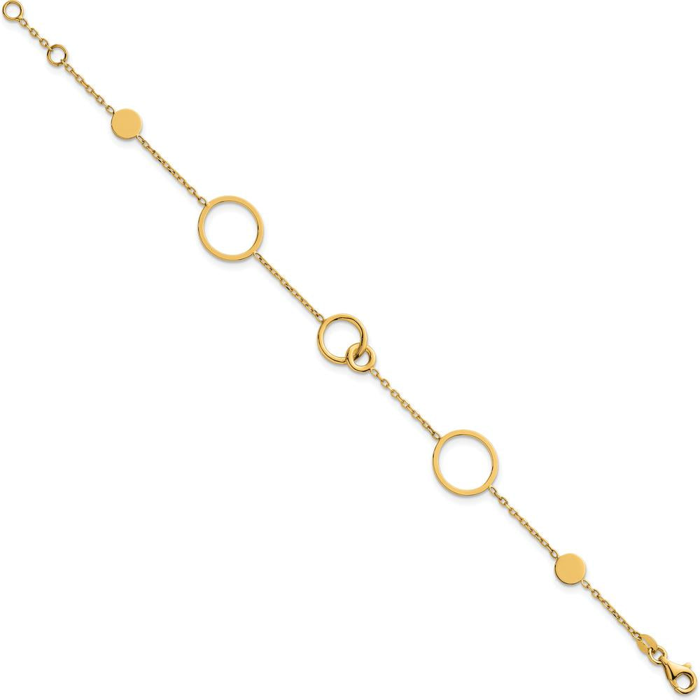 14K Yellow Gold Polished Circle and Chain Link Bracelet with Fancy Lobster Clasp - 7.25" Plus 0.5" Extender by 0