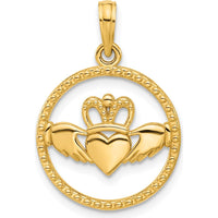 14K Yellow Gold Polished Circle Claddagh Pendant - Symbol of Love and Loyalty by Oro Pregiato