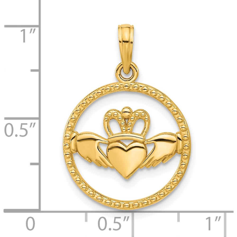 14K Yellow Gold Polished Circle Claddagh Pendant - Symbol of Love and Loyalty by Oro Pregiato