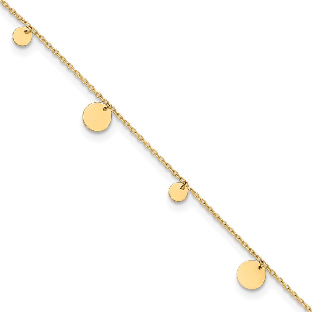 14K Yellow Gold Polished Circle Dangle Anklet with Adjustable Chain - 9" Plus 1" Extender