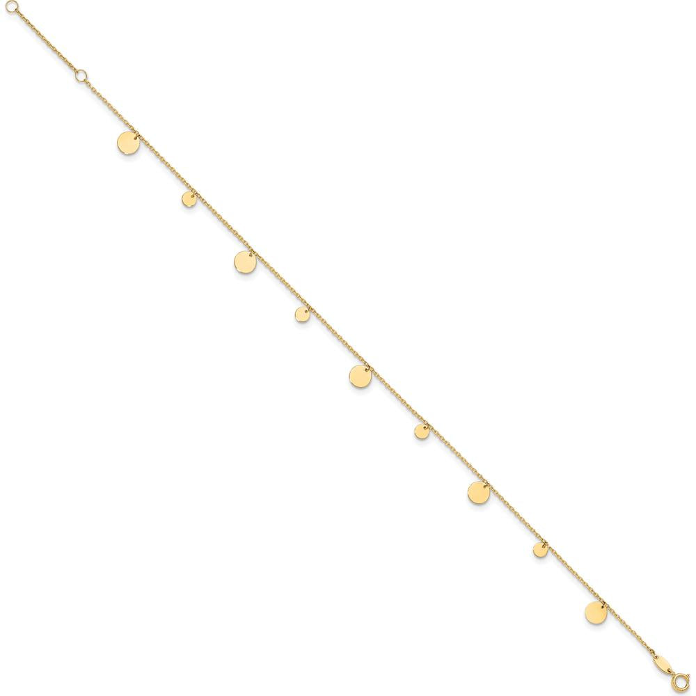 14K Yellow Gold Polished Circle Dangle Anklet with Adjustable Chain - 9" Plus 1" Extender
