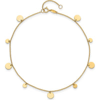 14K Yellow Gold Polished Circle Dangle Anklet with Adjustable Chain - 9" Plus 1" Extender
