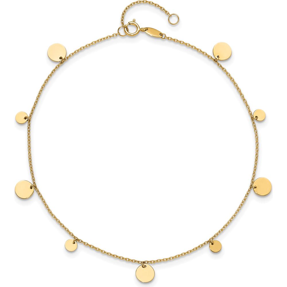 14K Yellow Gold Polished Circle Dangle Anklet with Adjustable Chain - 9" Plus 1" Extender