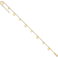 14K Yellow Gold Polished Circle Dangle Anklet with Adjustable Chain - 9" Plus 1" Extender