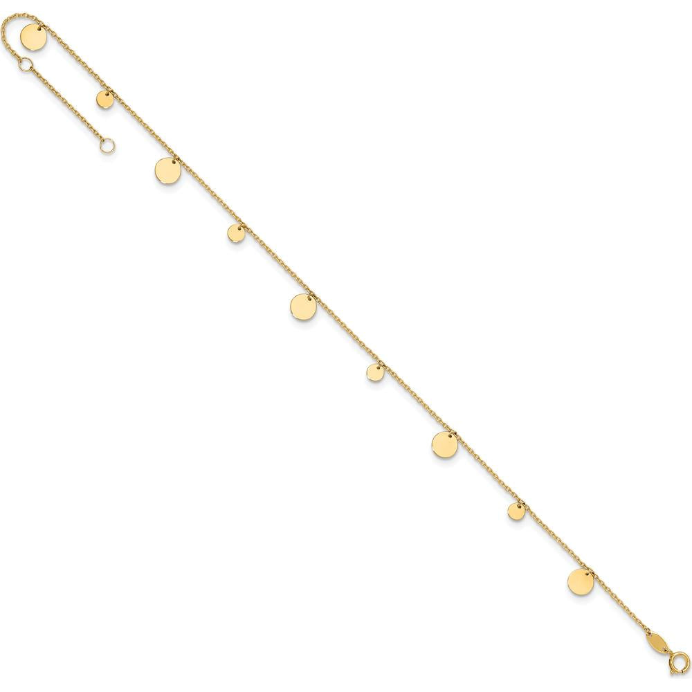 14K Yellow Gold Polished Circle Dangle Anklet with Adjustable Chain - 9" Plus 1" Extender