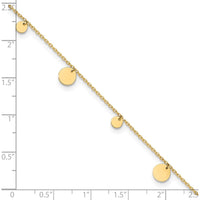 14K Yellow Gold Polished Circle Dangle Anklet with Adjustable Chain - 9" Plus 1" Extender
