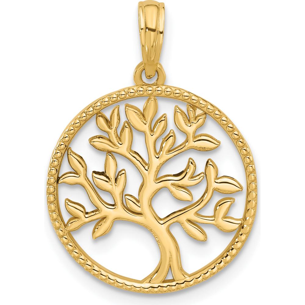 14K Yellow Gold Polished Circle Pendant with Tree Charm - 25.2mm Length by Oro Pregiato