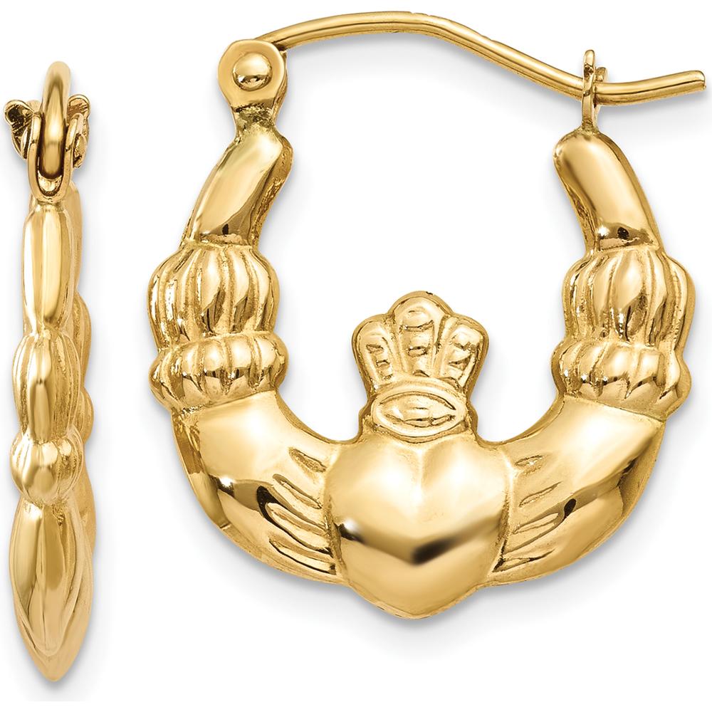 14K Yellow Gold Polished Claddagh Hoop Earrings - 10mm Hoop Width by 0