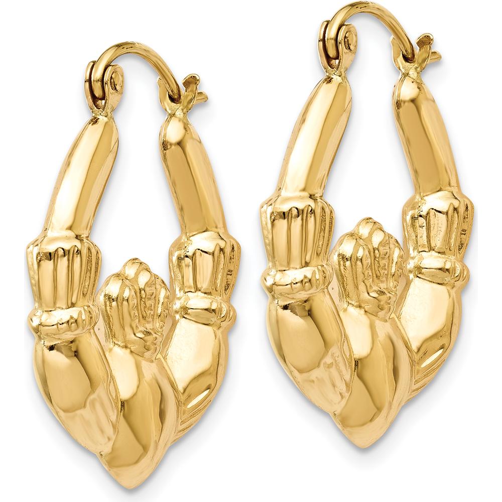 14K Yellow Gold Polished Claddagh Hoop Earrings - 10mm Length, 3mm Width by 0