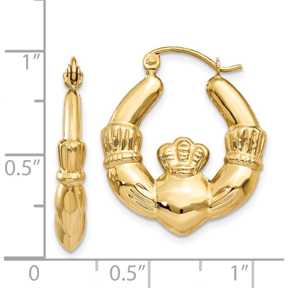 14K Yellow Gold Polished Claddagh Hoop Earrings - 10mm Length, 3mm Width by 0