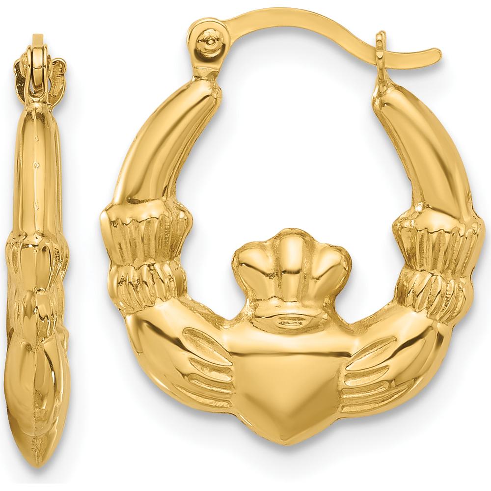 14K Yellow Gold Polished Claddagh Hoop Earrings - 18.2mm Length by Oro Pregiato