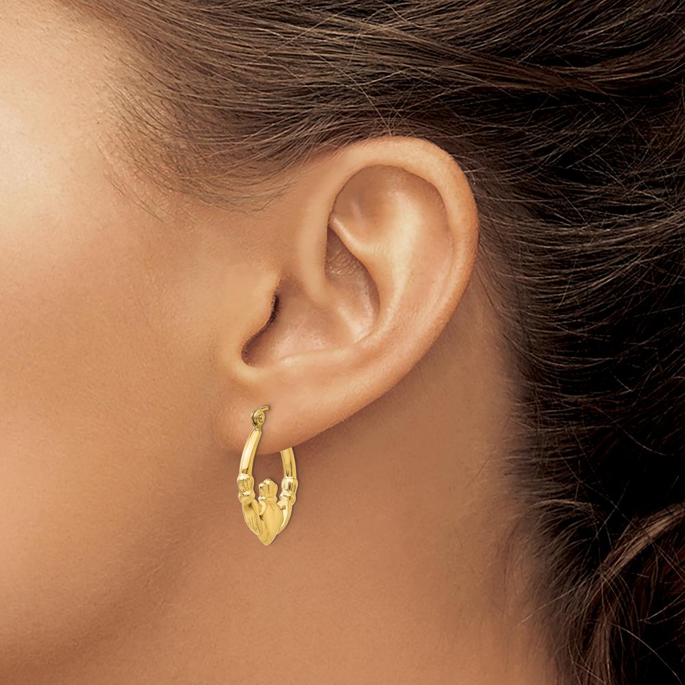 14K Yellow Gold Polished Claddagh Hoop Earrings - Classic Design and Secure Closure by 0