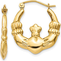 14K Yellow Gold Polished Claddagh Hoop Earrings - Symbolic Heart & Crown Design by 0
