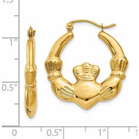 14K Yellow Gold Polished Claddagh Hoop Earrings with Heart and Crown Design by 0