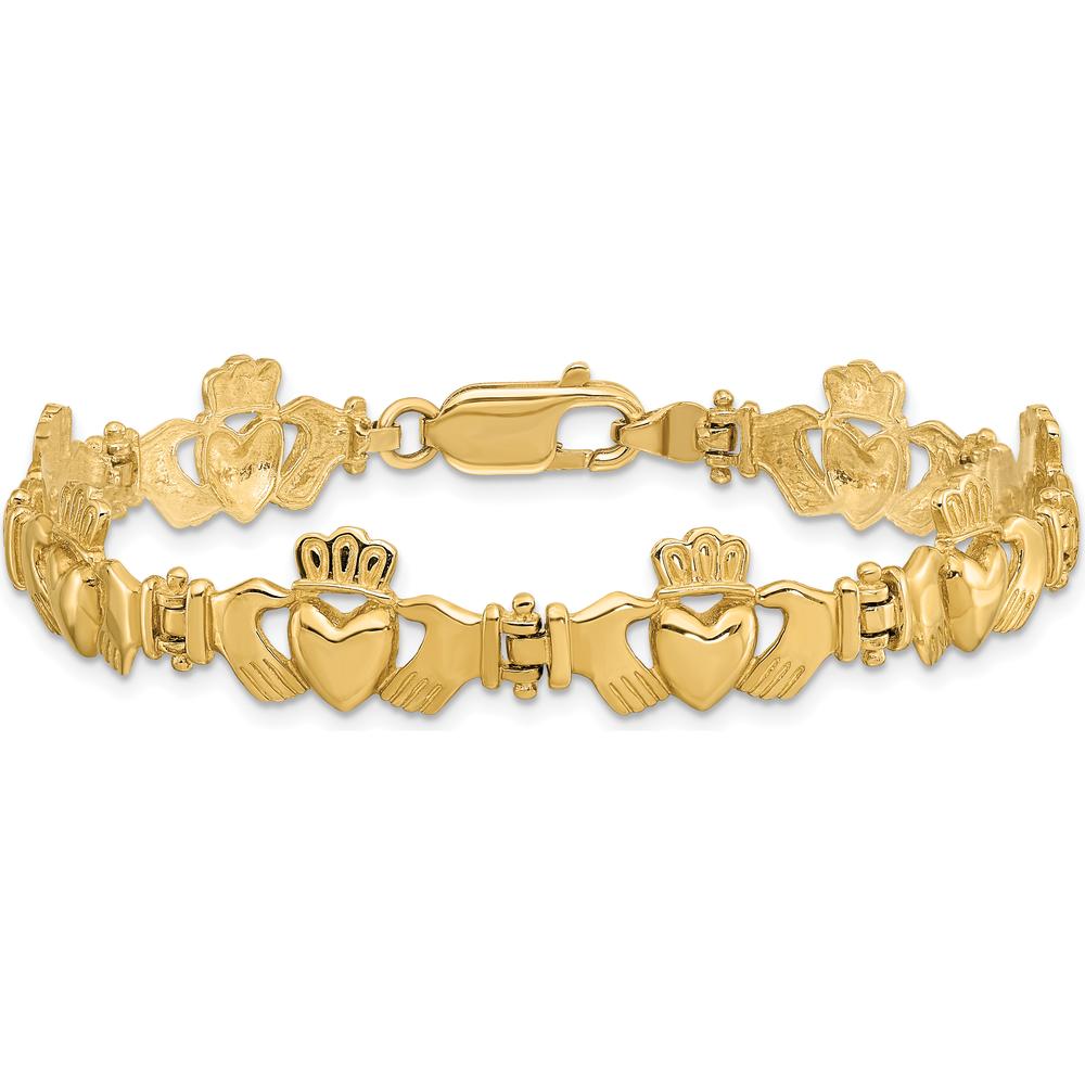 14K Yellow Gold Polished Claddagh Link Bracelet with Heart, Hands, and Crown Motif - 7 inches by Oro Pregiato