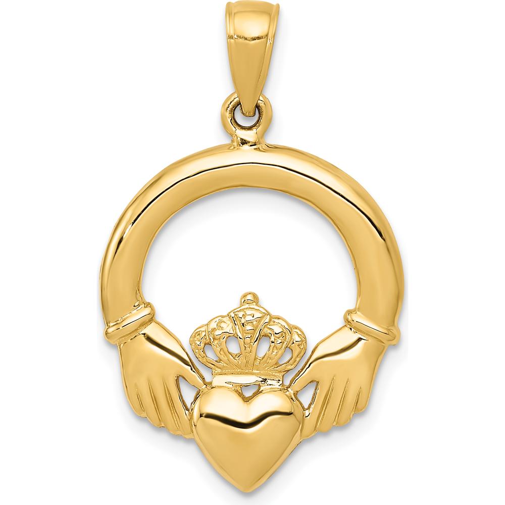 14K Yellow Gold Polished Claddagh Pendant with Heart and Crown Design by Oro Pregiato