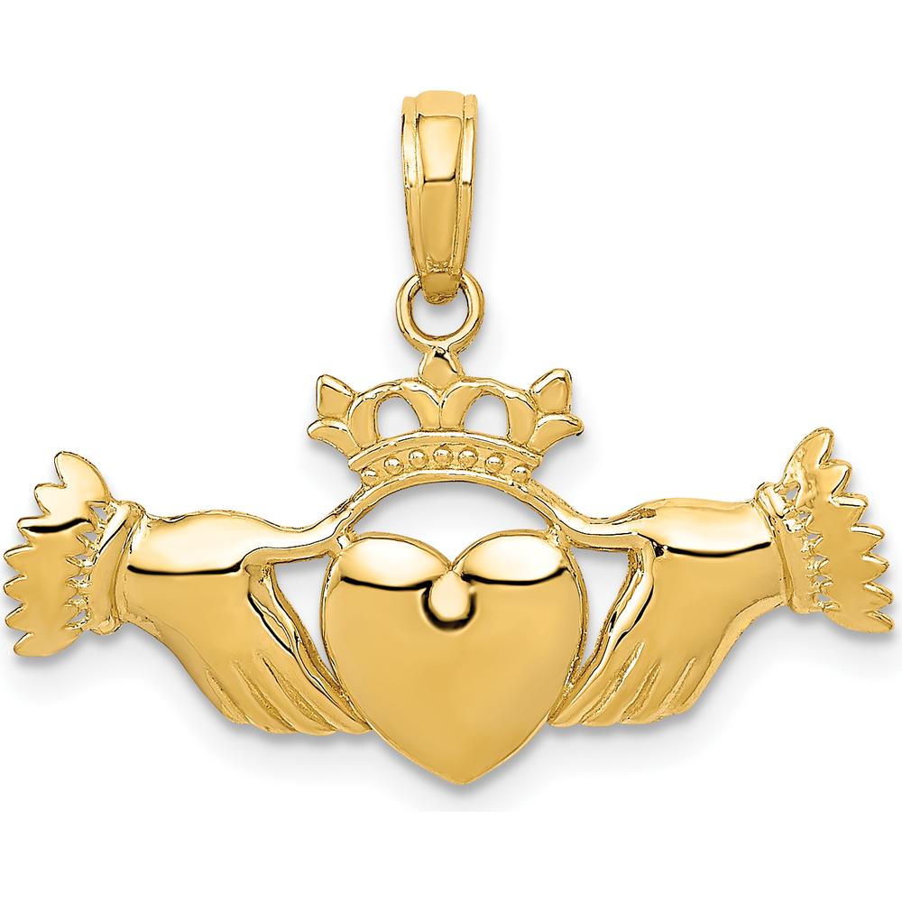 14K Yellow Gold Polished Claddagh Pendant with Textured Back - 21.5mm x 28mm by Oro Pregiato