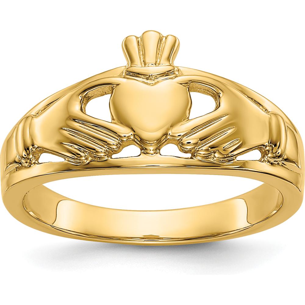 14K Yellow Gold Polished Claddagh Ring with Hands Holding Heart Symbol - Meaningful Love and Loyalty Design by Oro Pregiato