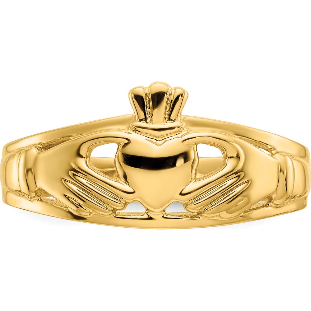 14K Yellow Gold Polished Claddagh Ring with Hands Holding Heart Symbol - Meaningful Love and Loyalty Design by Oro Pregiato