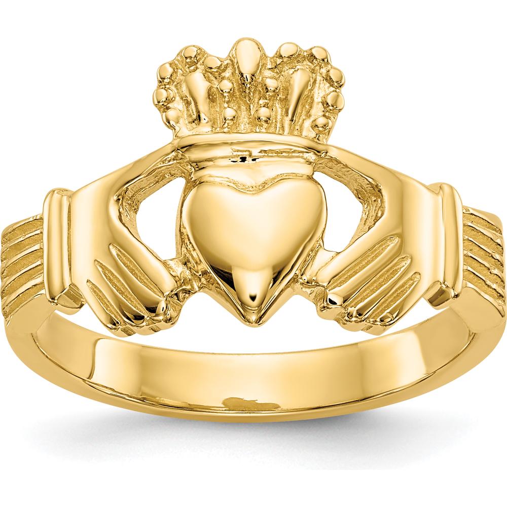 14K Yellow Gold Polished Claddagh Ring with Heart and Crown Design by Oro Pregiato