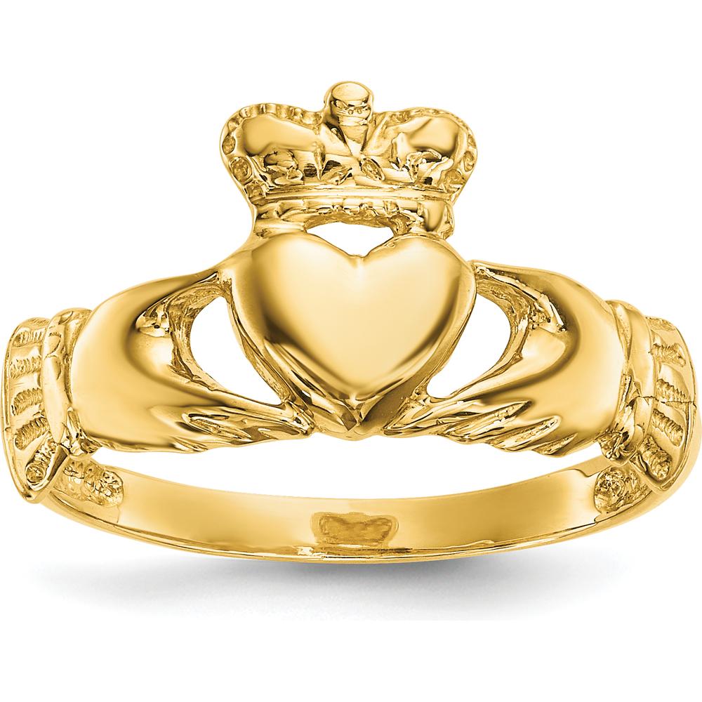 14K Yellow Gold Polished Claddagh Ring with Heart and Crown Design by Oro Pregiato