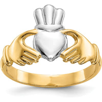14K Yellow Gold Polished Claddagh Ring with Rhodium Accents and Open Back Design by Oro Pregiato
