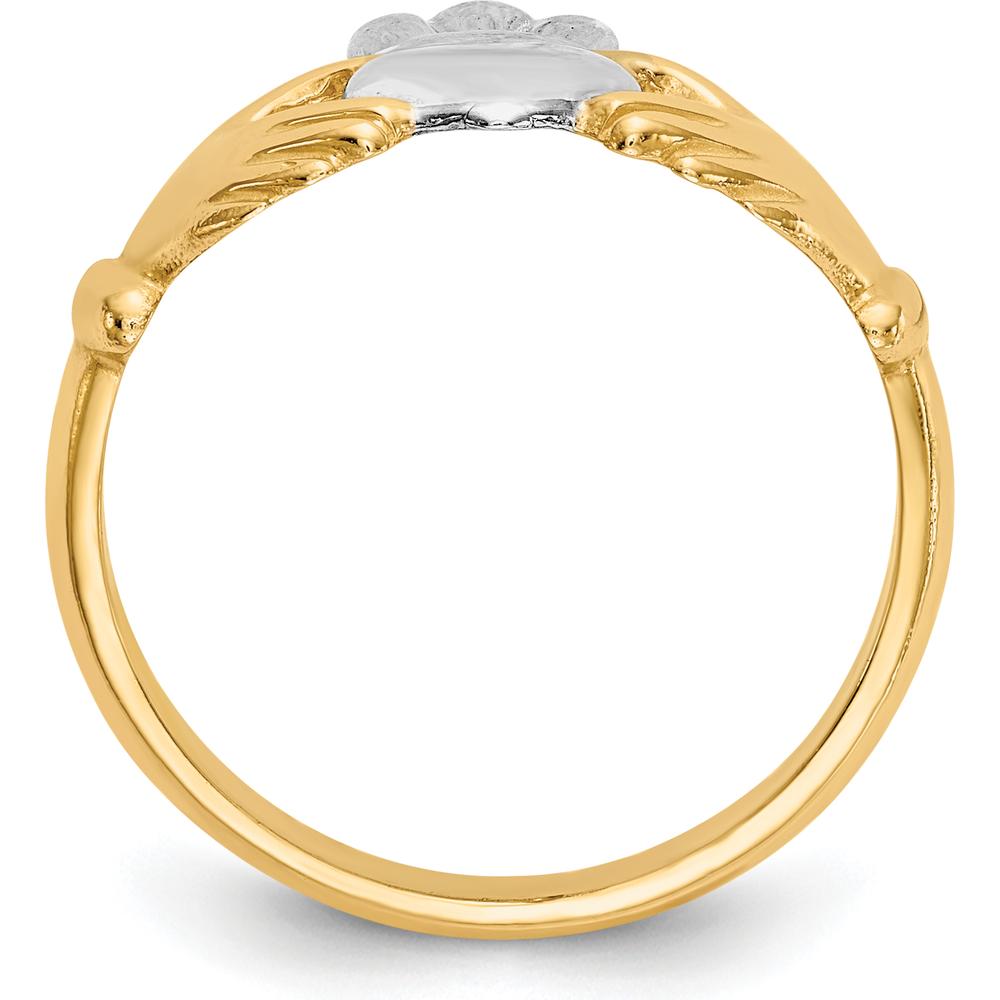 14K Yellow Gold Polished Claddagh Ring with Rhodium Accents and Open Back Design by Oro Pregiato