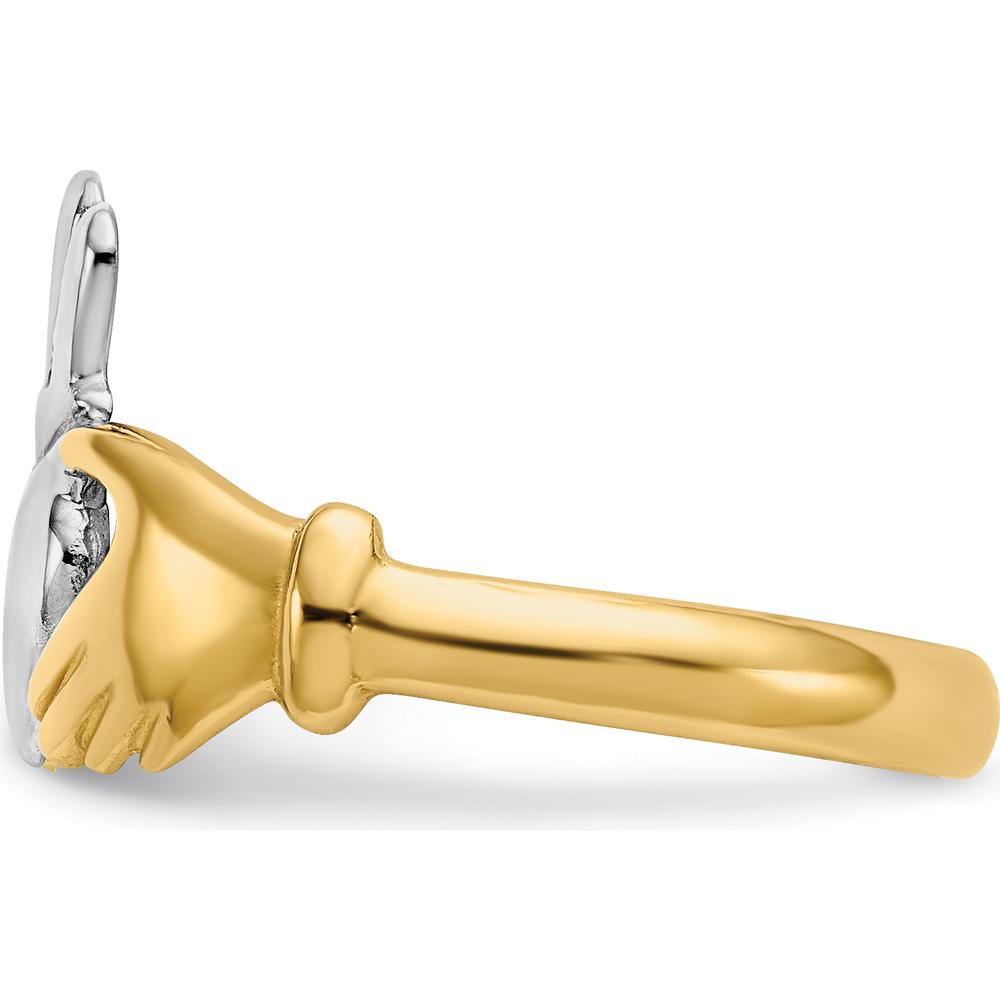 14K Yellow Gold Polished Claddagh Ring with Rhodium Accents and Open Back Design by Oro Pregiato