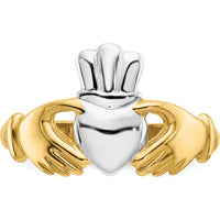 14K Yellow Gold Polished Claddagh Ring with Rhodium Accents and Open Back Design by Oro Pregiato
