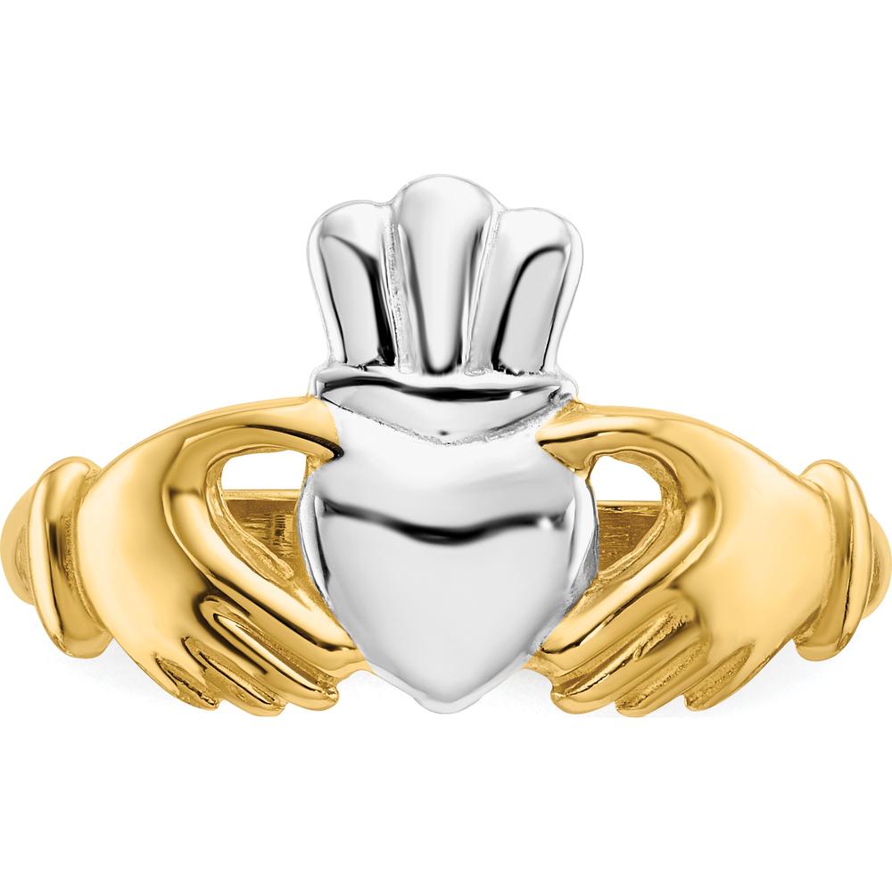 14K Yellow Gold Polished Claddagh Ring with Rhodium Accents and Open Back Design by Oro Pregiato