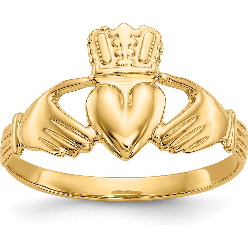 14K Yellow Gold Polished Claddagh Ring with Tapered Band - Symbol of Love, Friendship, and Loyalty