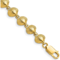 14K Yellow Gold Polished Clam Shell 7" Bracelet with Textured Stations by Oro Pregiato