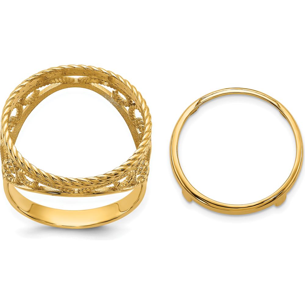 14K Yellow Gold Polished Coin Bezel Ring with Twisted Wire Scroll Design - 19.3mm Width by Numis Coin Jewelry